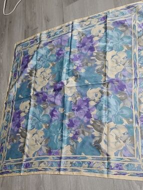 Floral Silk-Feel Scarf in Teal, Purple & Cream
